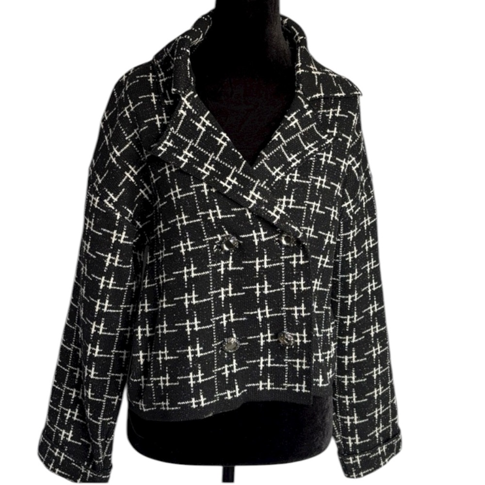 Zara Women's metallic thread Black and White Checkered Blazer crop waist, Small